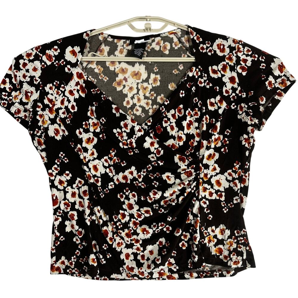 Y2K 90s Studio 1940 Blouse Size L Brown Floral V Neck Floral Retro Romantic Date - Picture 2 of 8